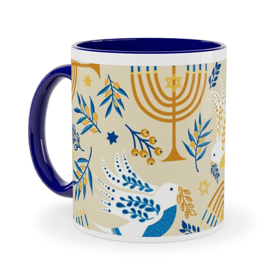 Hanukkah Birds Menorahs - Yellow Ceramic Mug, Blue, , 11oz, Yellow, Classic Yellow