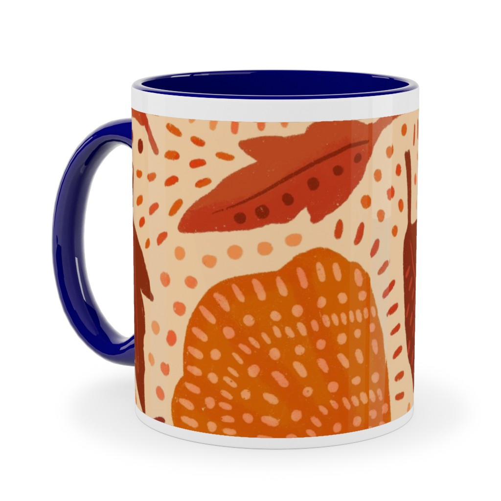 Autumn Mushrooms and Fallen Leaves Ceramic Mug, Blue, , 11oz, Orange, Orange