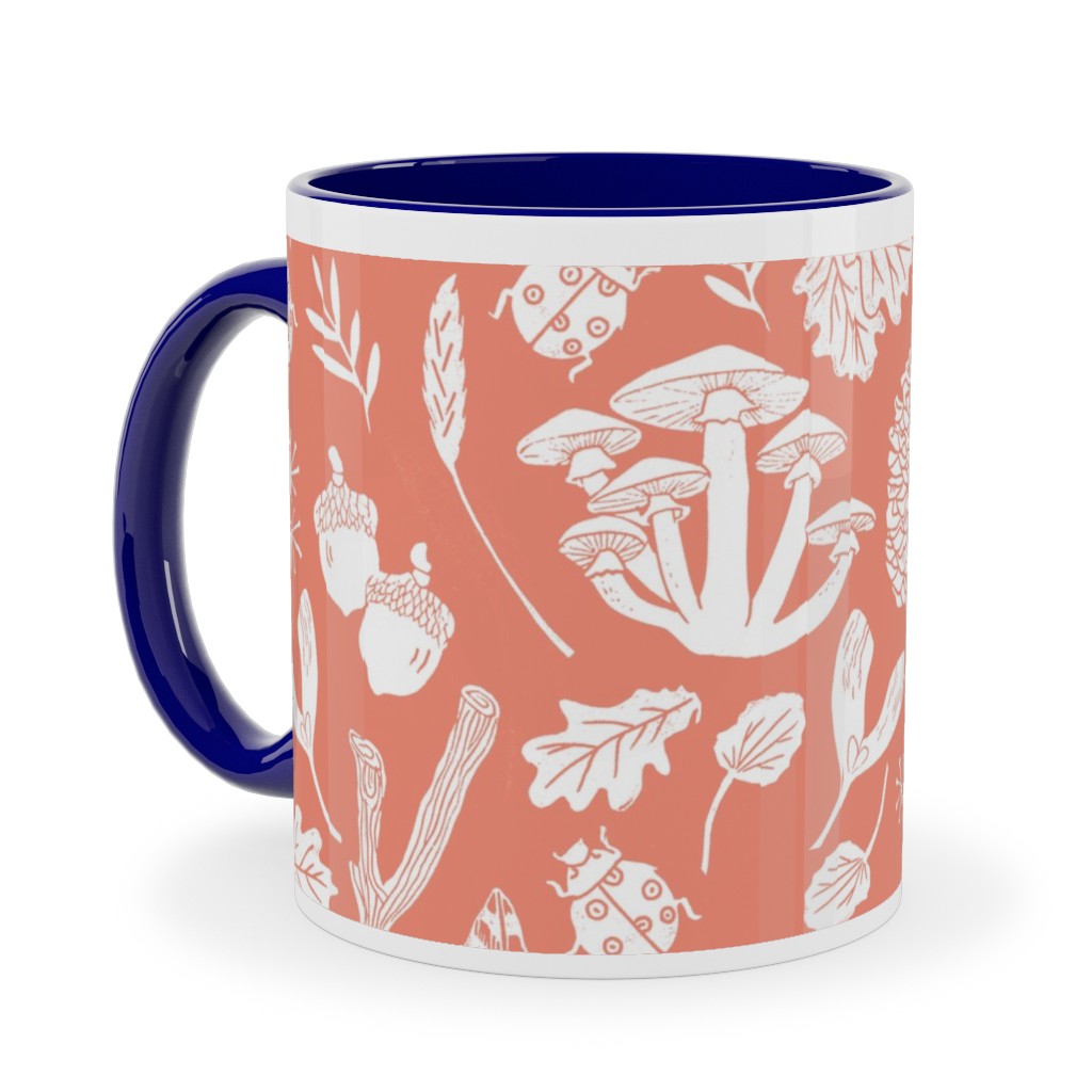 Nature Walk Block Print - Pink Ceramic Mug, Blue, , 11oz, Pink, Bright Pink