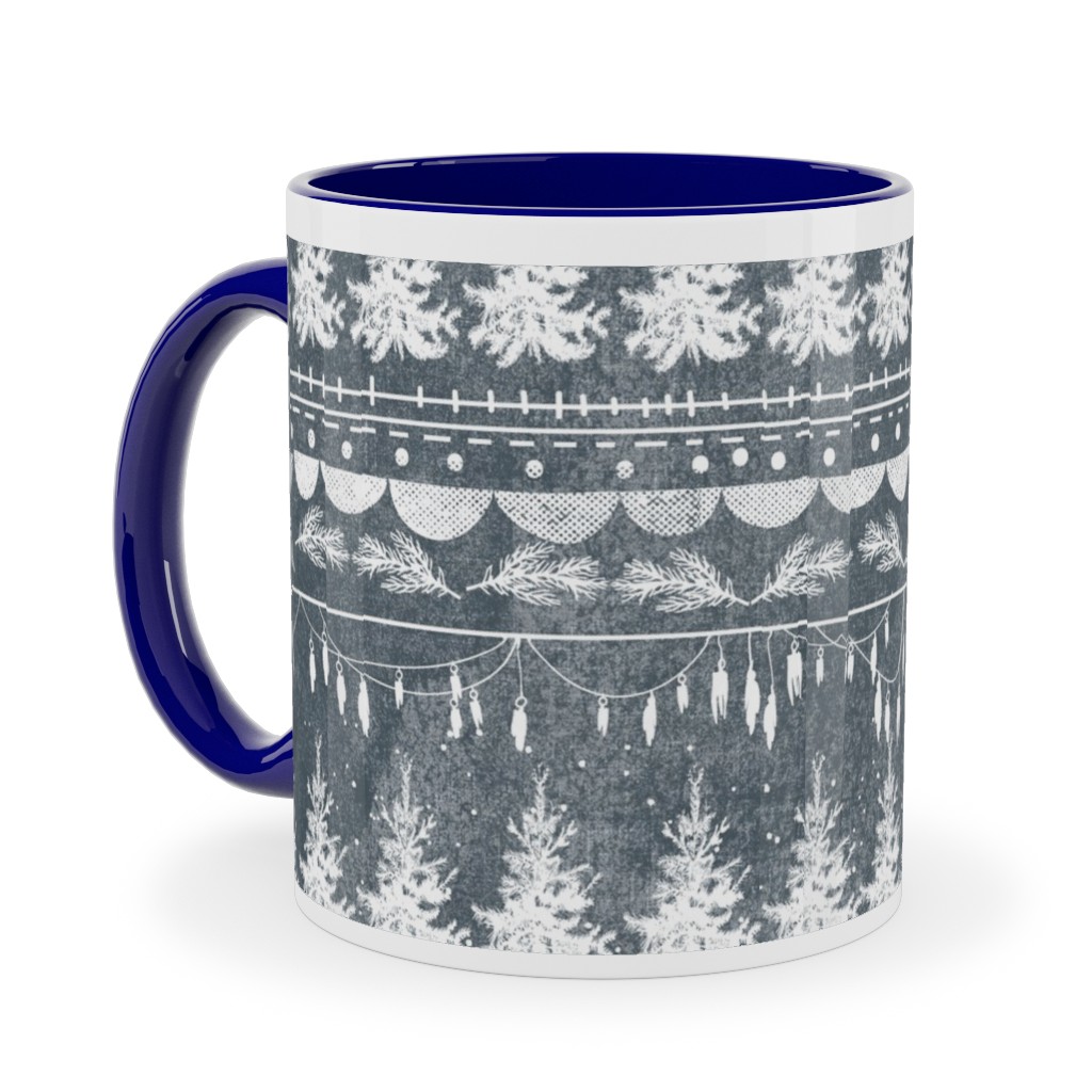 Vintage Christmas Stripe Ceramic Mug, Blue,  , 11oz, Gray