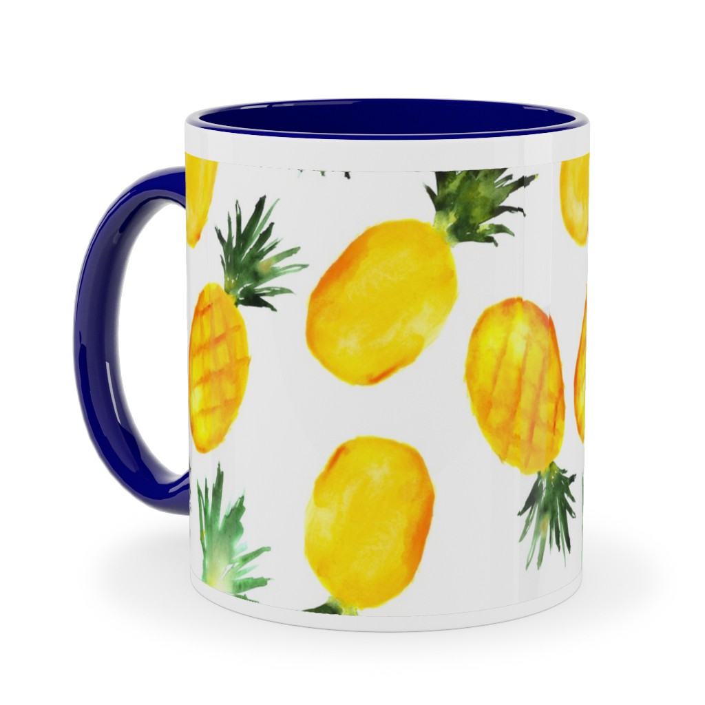 Watercolor Pineapples - Yellow Ceramic Mug, Blue, , 11oz, Yellow, Classic Yellow