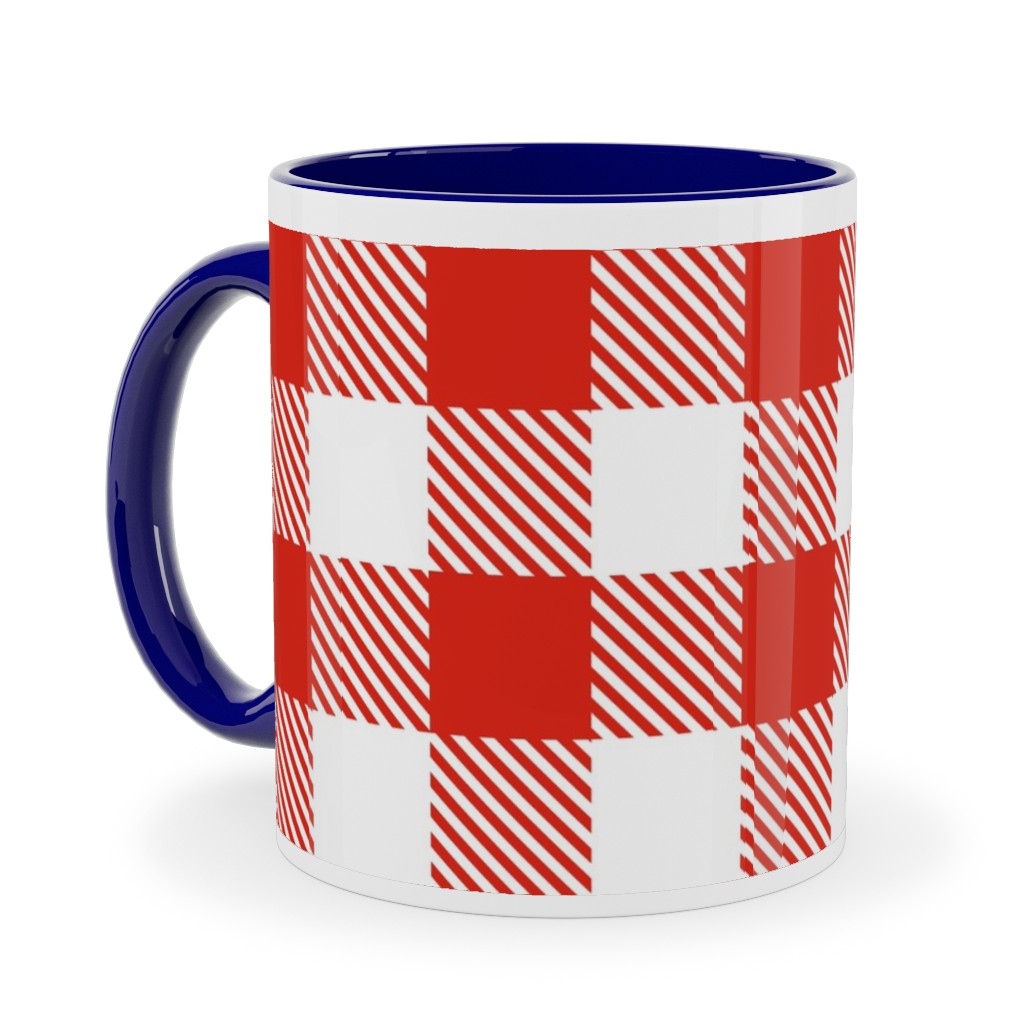 Red Gingham Pattern Ceramic Mug, Blue, , 11oz, Red, Red