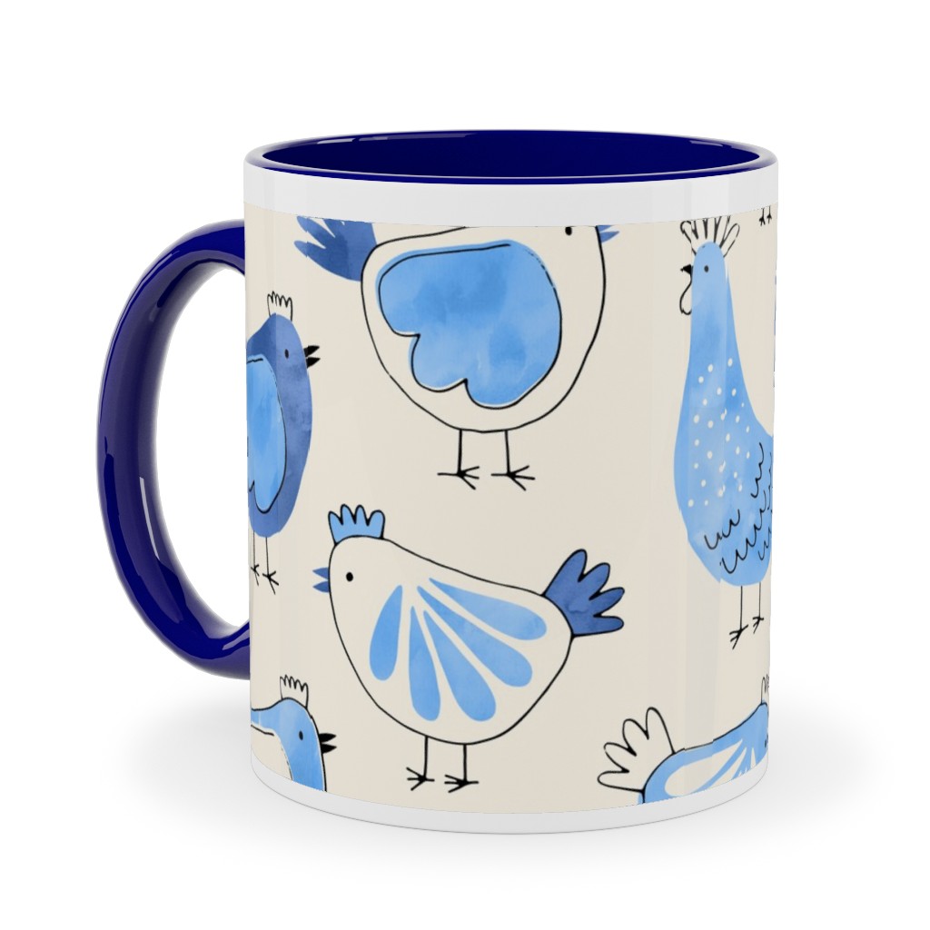 Chicken and Rooster - Watercolor - Blue on Creme Ceramic Mug, Blue,  , 11oz, Blue