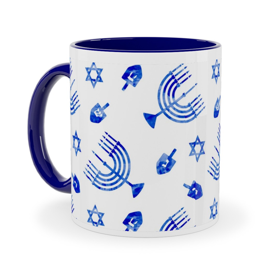 Hanukkah Watercolor Menorah, Dreidel, Star of David - Blue Ceramic Mug, Blue,  , 11oz, Blue