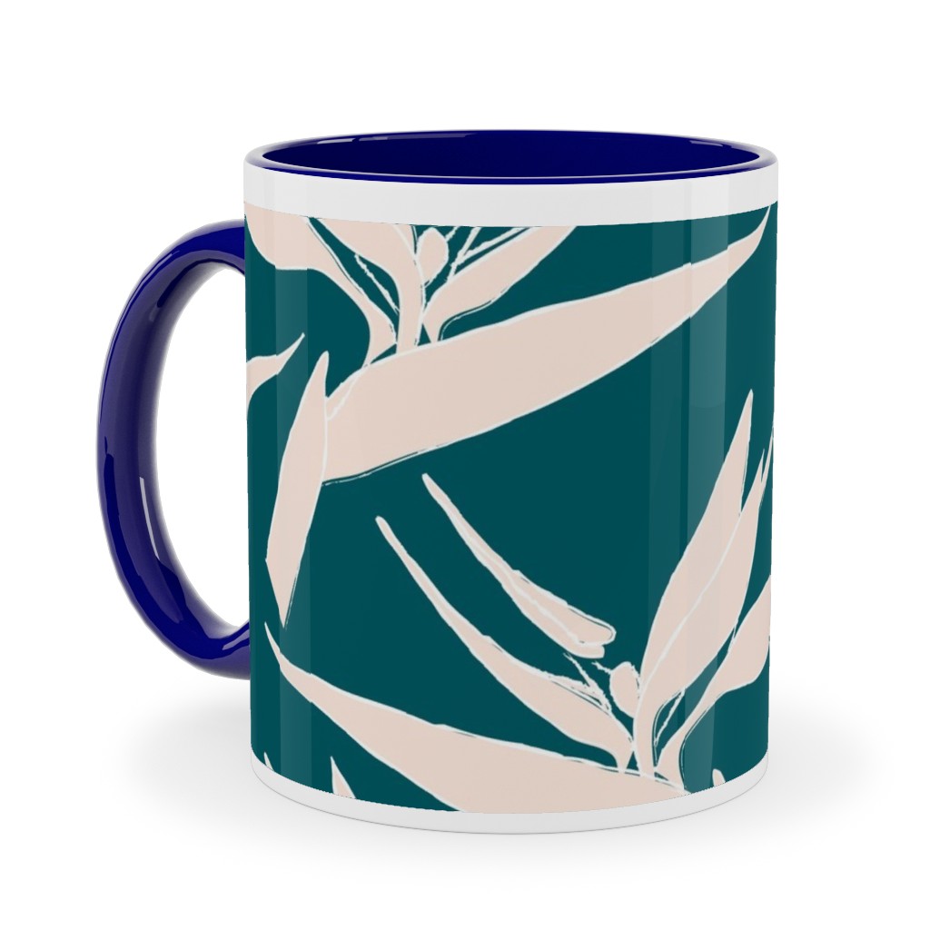 Freehand Birds of Paradies - Forest and Peach Ceramic Mug, Blue, , 11oz, Green, Classic Green