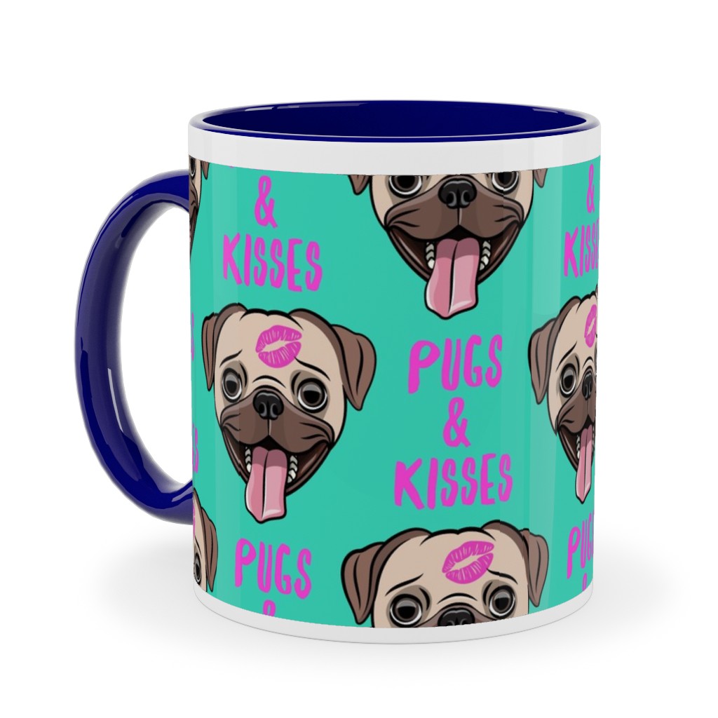 Pugs & Kisses - Cute Pug Dog - Teal Ceramic Mug, Blue,  , 11oz, Green