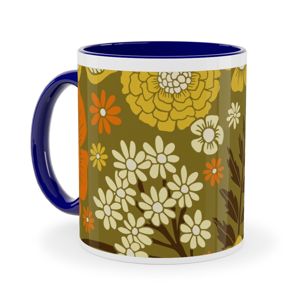 1970s Retro/Vintage Floral - Yellow and Brown Ceramic Mug, Blue,  , 11oz, Yellow
