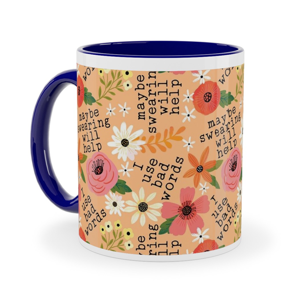 Maybe Swearing Will Help - Florai - Peach Ceramic Mug, Blue, , 11oz, Orange, Orange