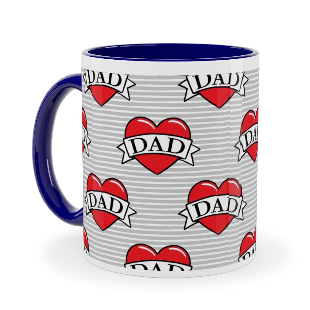 Dad Heart Tattoo - Red on Grey Stripes Ceramic Mug, Blue, , 11oz, Red, Red