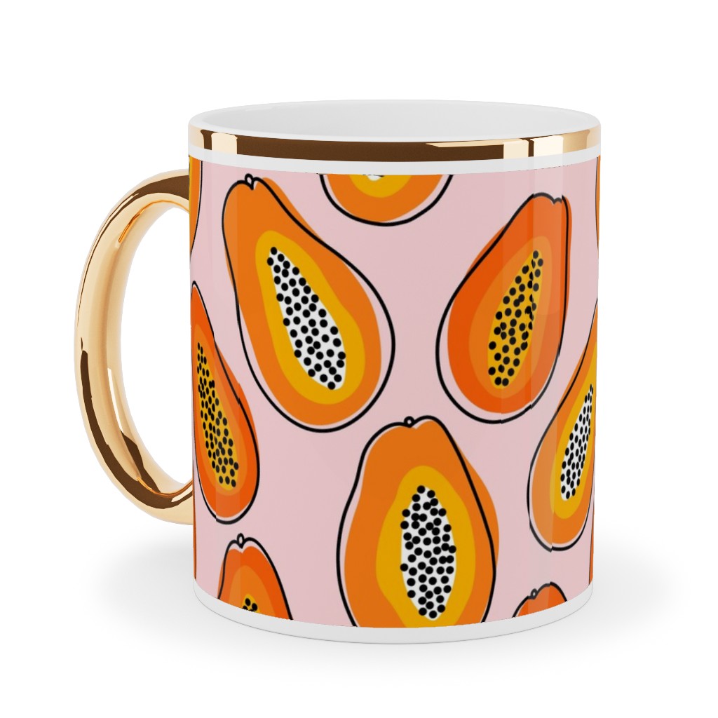 Abstract Papayas - Pink Ceramic Mug, Gold Handle,  , 11oz, Pink