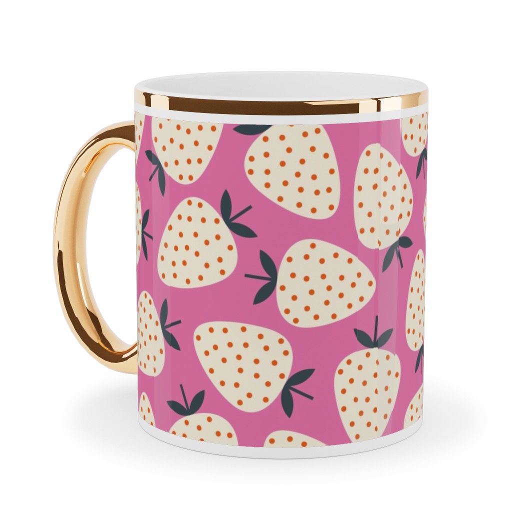Strawberries - Cream on Pink Ceramic Mug, Gold Handle,  , 11oz, Pink