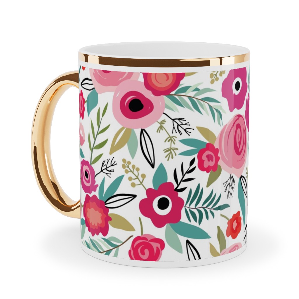 Maypole - Pink Ceramic Mug, Gold Handle,  , 11oz, Pink