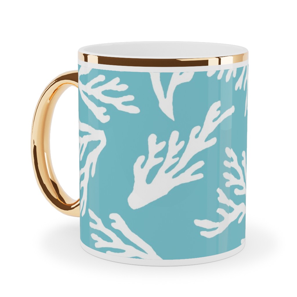 Coral - Turquoise Ceramic Mug, Gold Handle, , 11oz, Blue, True Blue