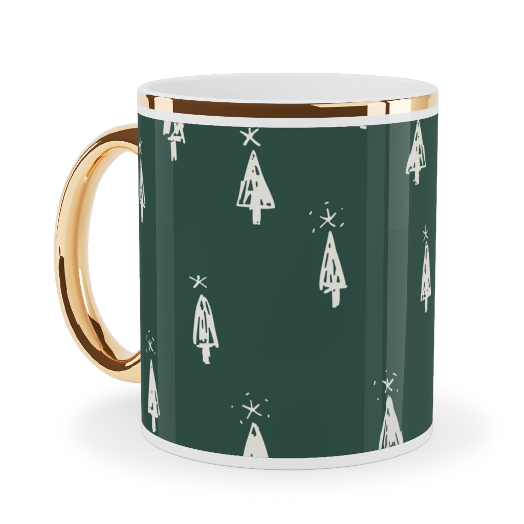 Christmas Trees on Pine Needle Ceramic Mug, Gold Handle, , 11oz, Green, Pine
