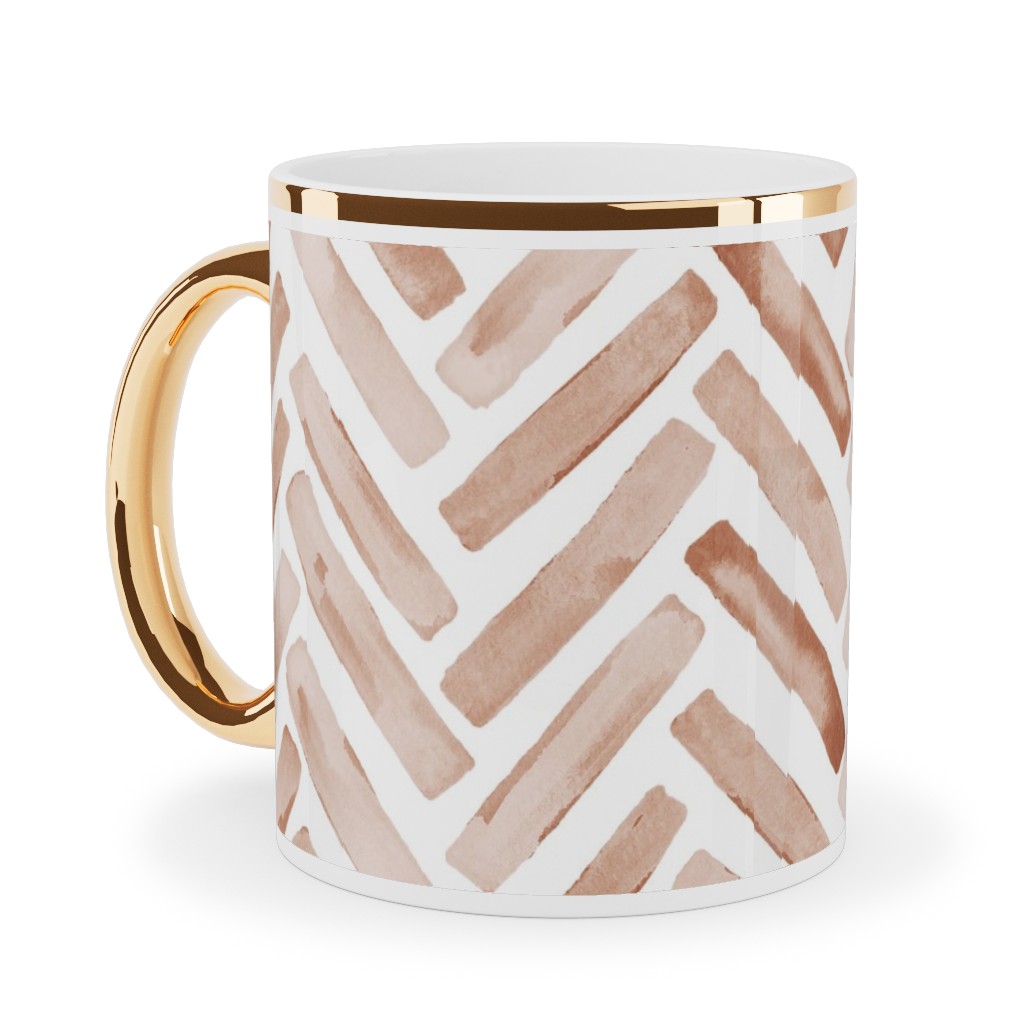 Painted Chevron Herringbone Ceramic Mug, Gold Handle,  , 11oz, Brown