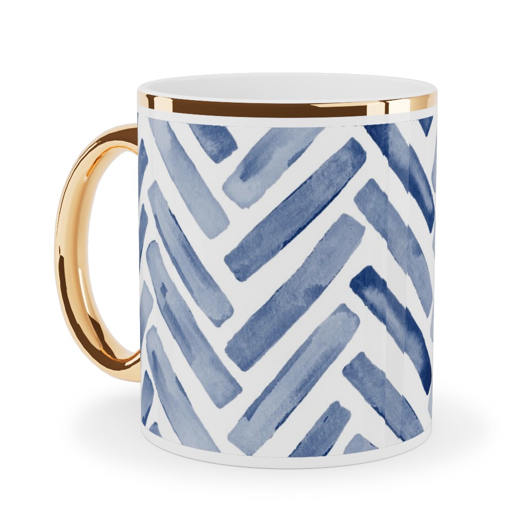 Painted Chevron Herringbone Ceramic Mug, Gold Handle, , 11oz, Blue, Ultramarine