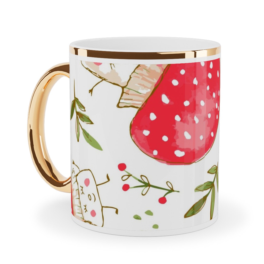 the Happiest Little Mushrooms - Red Ceramic Mug, Gold Handle,  , 11oz, Red