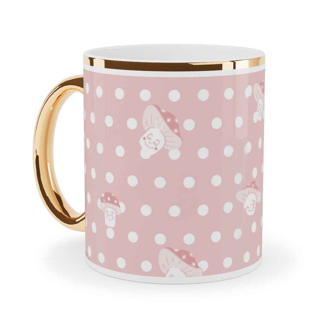 Mushroom and Dots - Pink Ceramic Mug, Gold Handle,  , 11oz, Pink