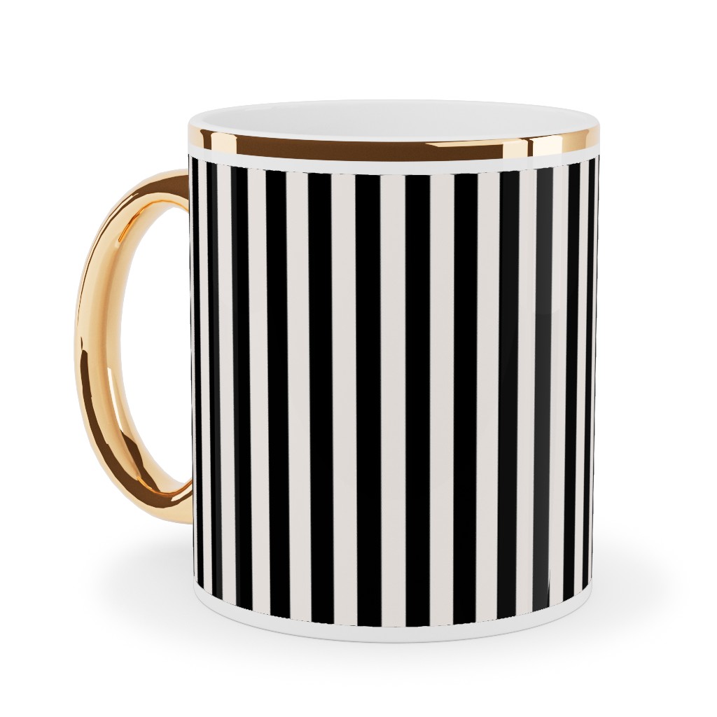 Basic Stripe - Black and Cream Ceramic Mug, Gold Handle, , 11oz, Black, Black