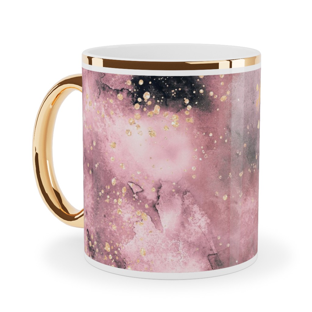 Watercolor Marble - Pink Ceramic Mug, Gold Handle, , 11oz, Pink, Bright Pink
