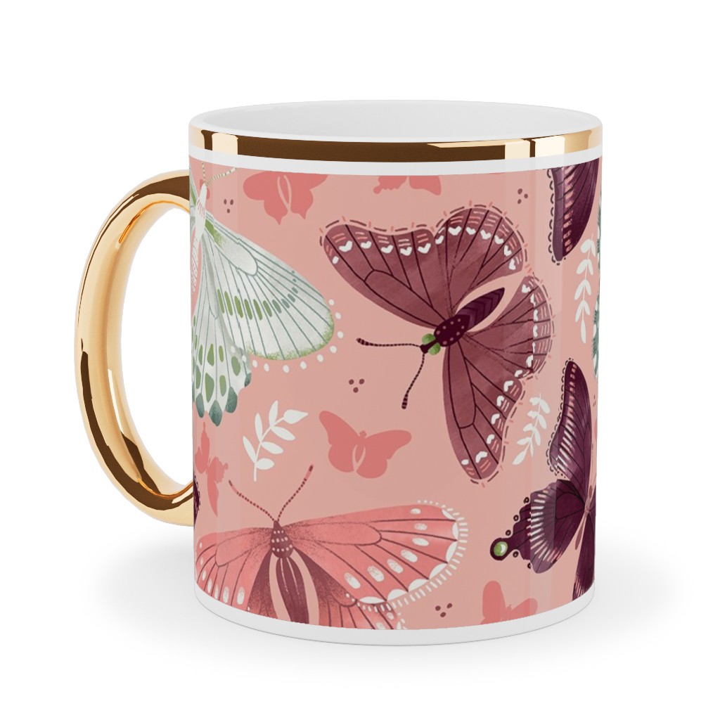 Romantic Butterflies - Pink Ceramic Mug, Gold Handle,  , 11oz, Pink