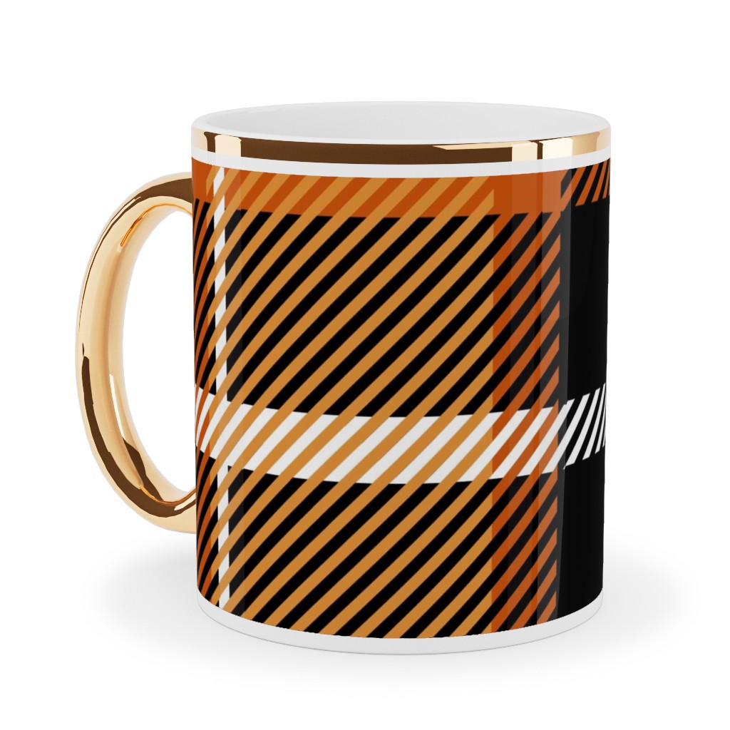 Orange and Black Plaid Ceramic Mug, Gold Handle,  , 11oz, Orange