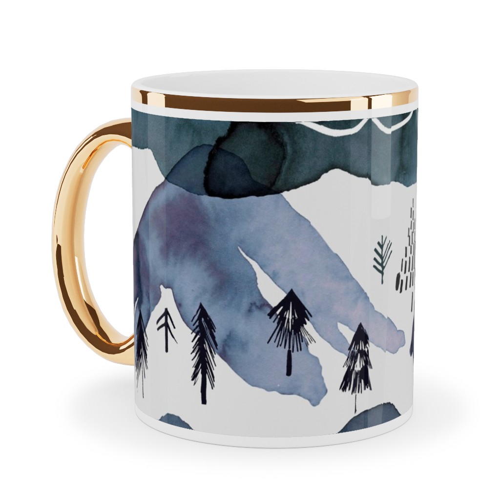 Watercolor Mountains Landscape - Blue Ceramic Mug, Gold Handle, , 11oz, Blue, True Blue