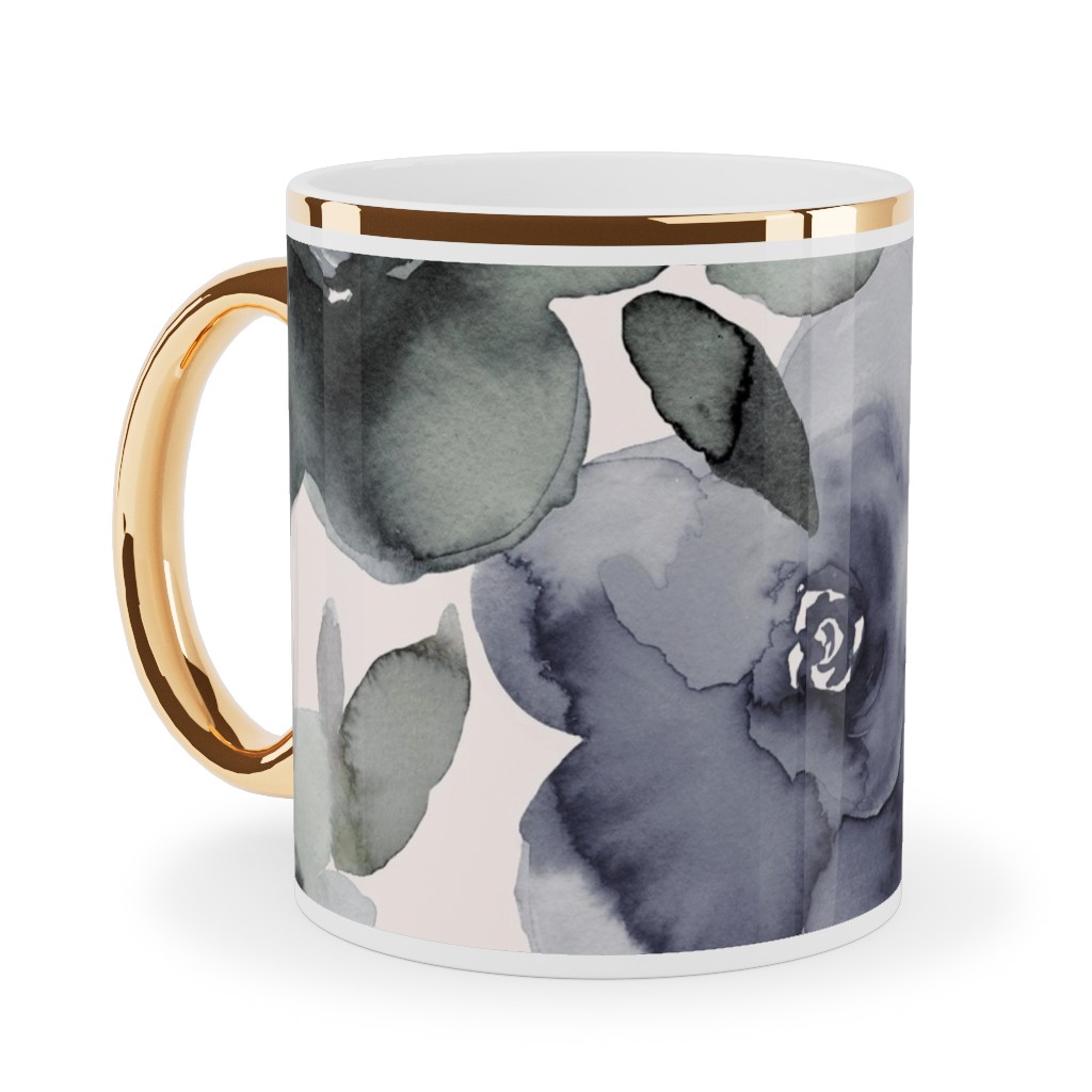 Wintery Watercolor Flower Bouquets - Navy Ceramic Mug, Gold Handle,  , 11oz, Blue