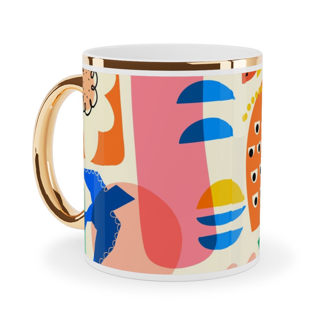 Abstract Shapes Fun Collage - Multi Ceramic Mug, Gold Handle,  , 11oz, Multicolor