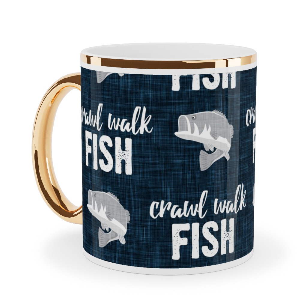 Crawl Walk Fish - Bass Fishing - Navy Blue and Grey Ceramic Mug, Gold Handle, , 11oz, Blue, True Blue