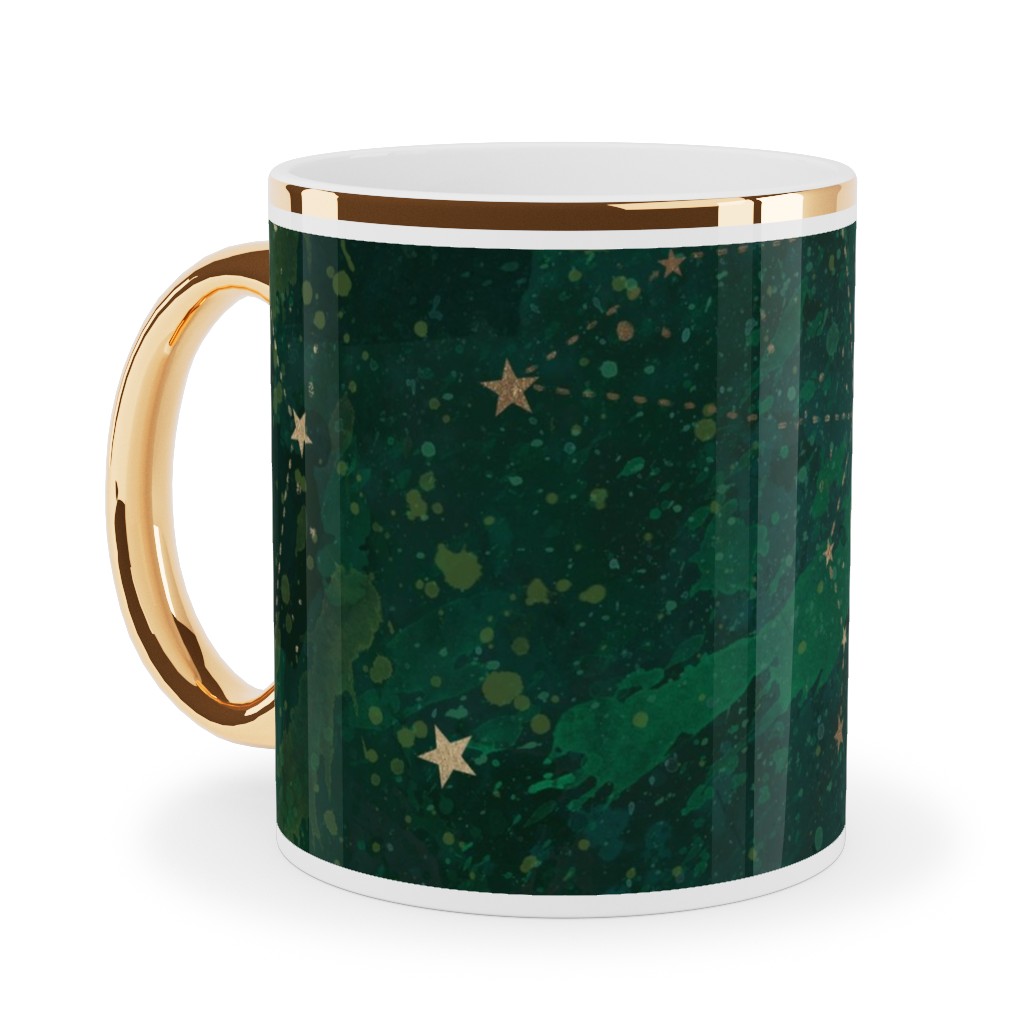 Moon and Stars - Green Ceramic Mug, Gold Handle, , 11oz, Green, Classic Green