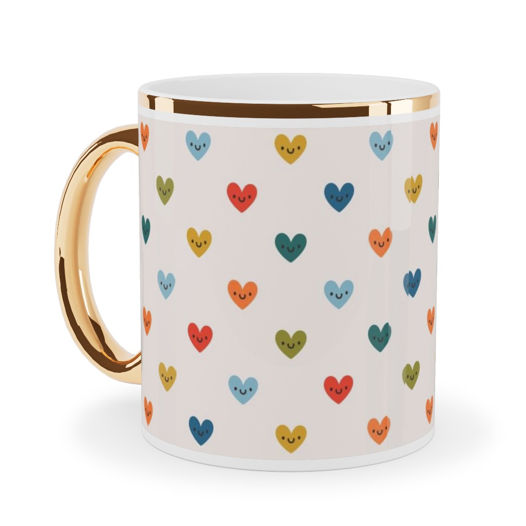 Cute Colored Hearts - Multi Ceramic Mug, Gold Handle,  , 11oz, Multicolor