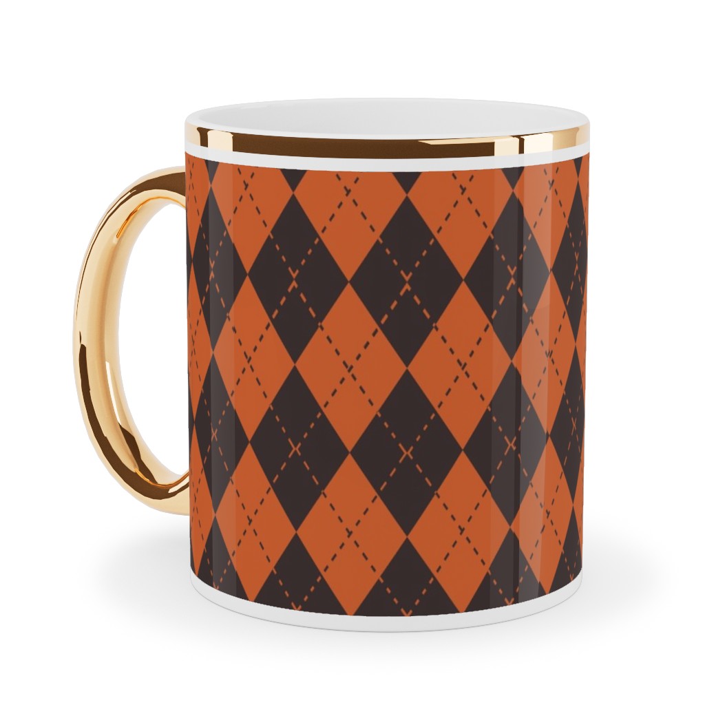Halloween Argyle - Orange and Black Ceramic Mug, Gold Handle, , 11oz, Orange, Orange