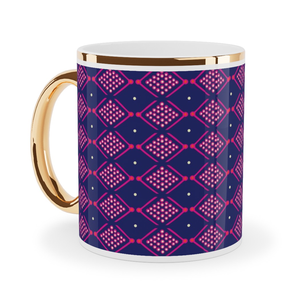 Tribal Geometric - Navy and Purple Ceramic Mug, Gold Handle,  , 11oz, Blue