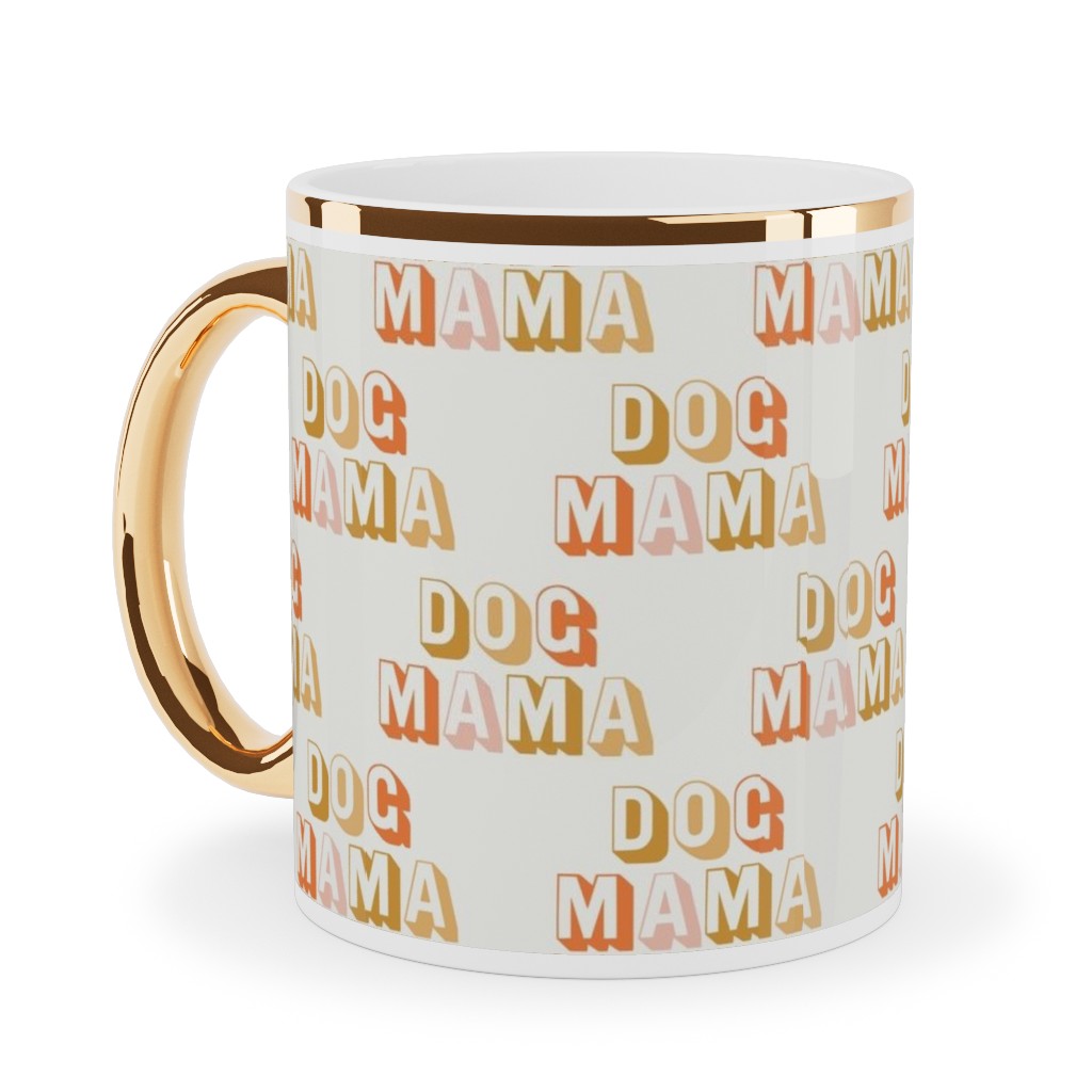 Dog Mama - Retro Vintage Text - Earthy Ceramic Mug, Gold Handle, , 11oz, Beige, Pearl