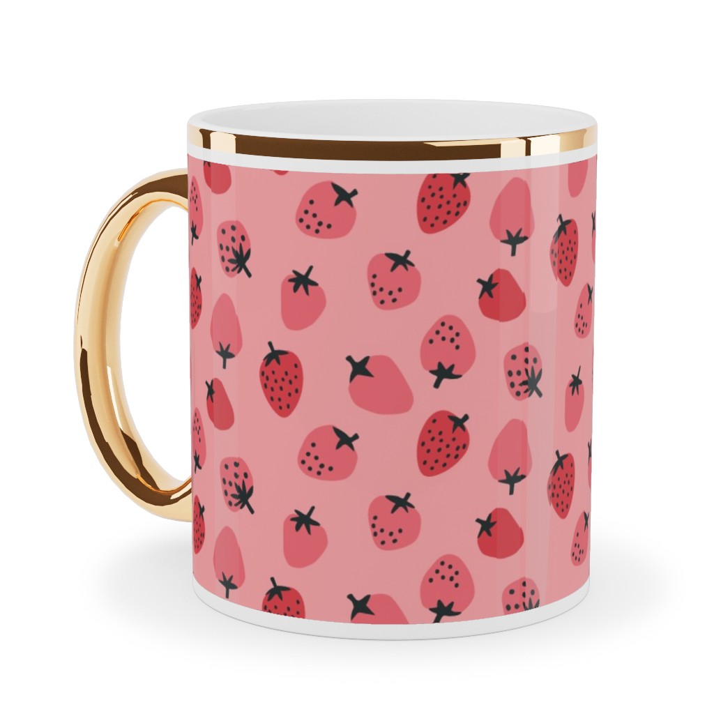 Red Strawberries - Pink Ceramic Mug, Gold Handle, , 11oz, Pink, Bright Pink
