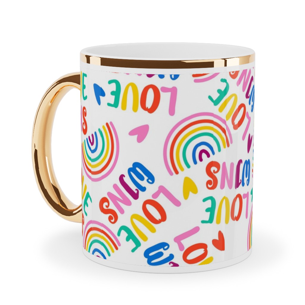 Love Wins - Pride - Brights Ceramic Mug, Gold Handle, , 11oz, Multicolor