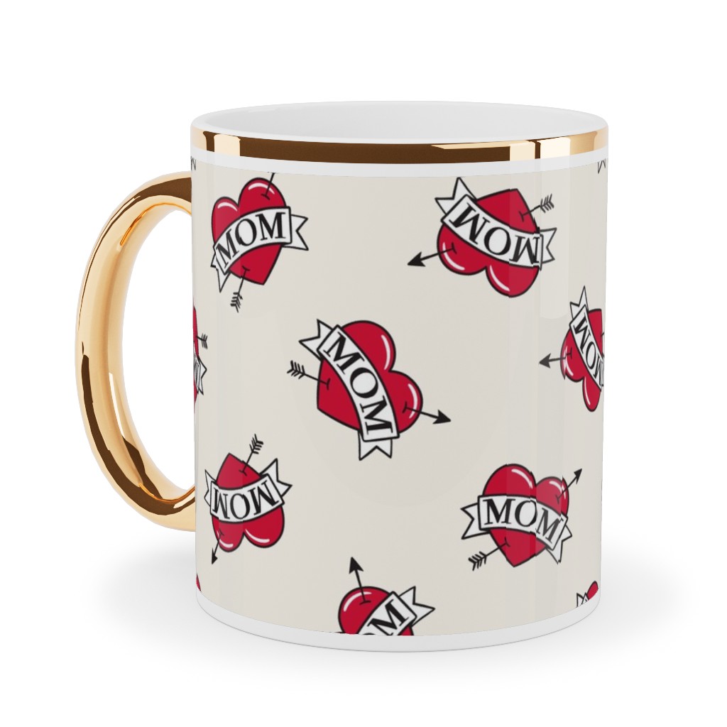 Mom Heart Tattoo - Red on Cream Ceramic Mug, Gold Handle,  , 11oz, Red