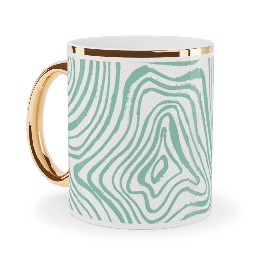Abstract Wavy Lines - Green Ceramic Mug, Gold Handle, , 11oz, Green, Classic Green