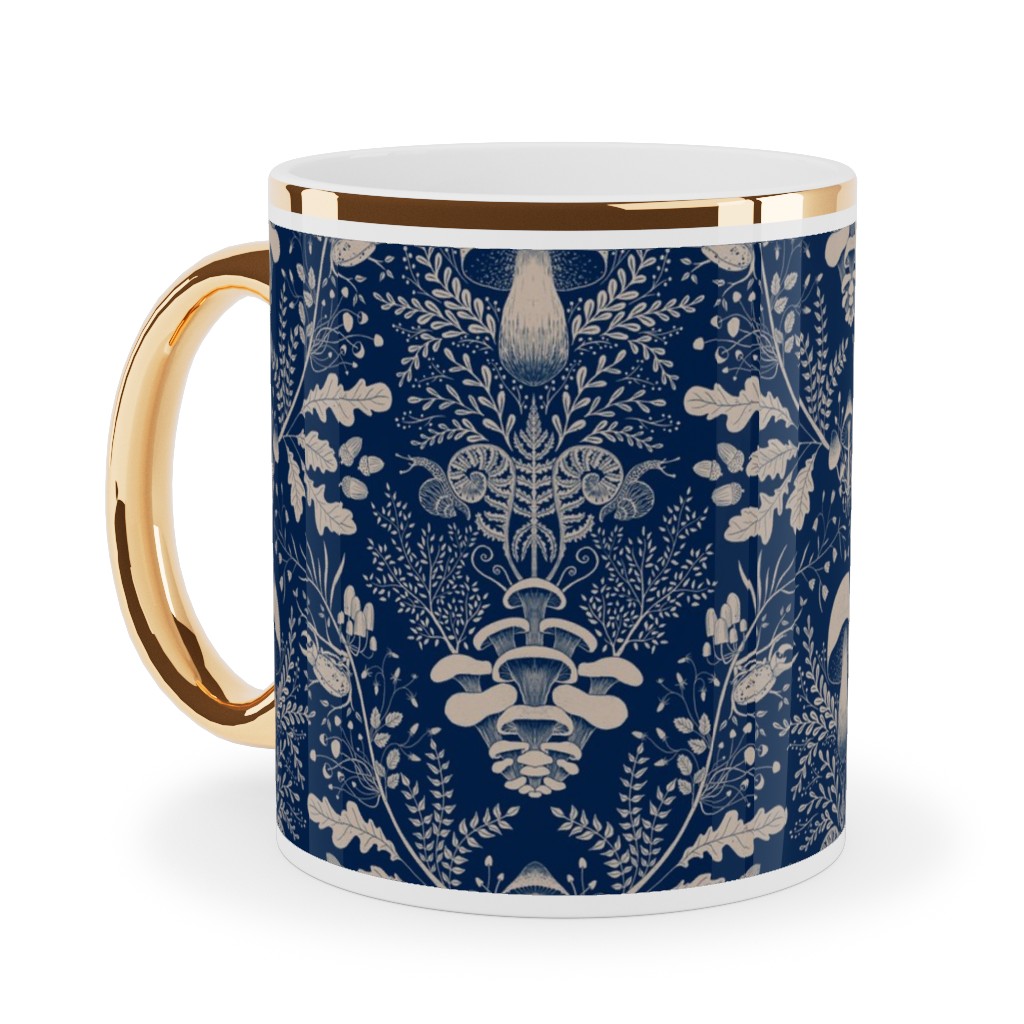 Mushroom Forest Damask Ceramic Mug, Gold Handle, , 11oz, Blue, Navy