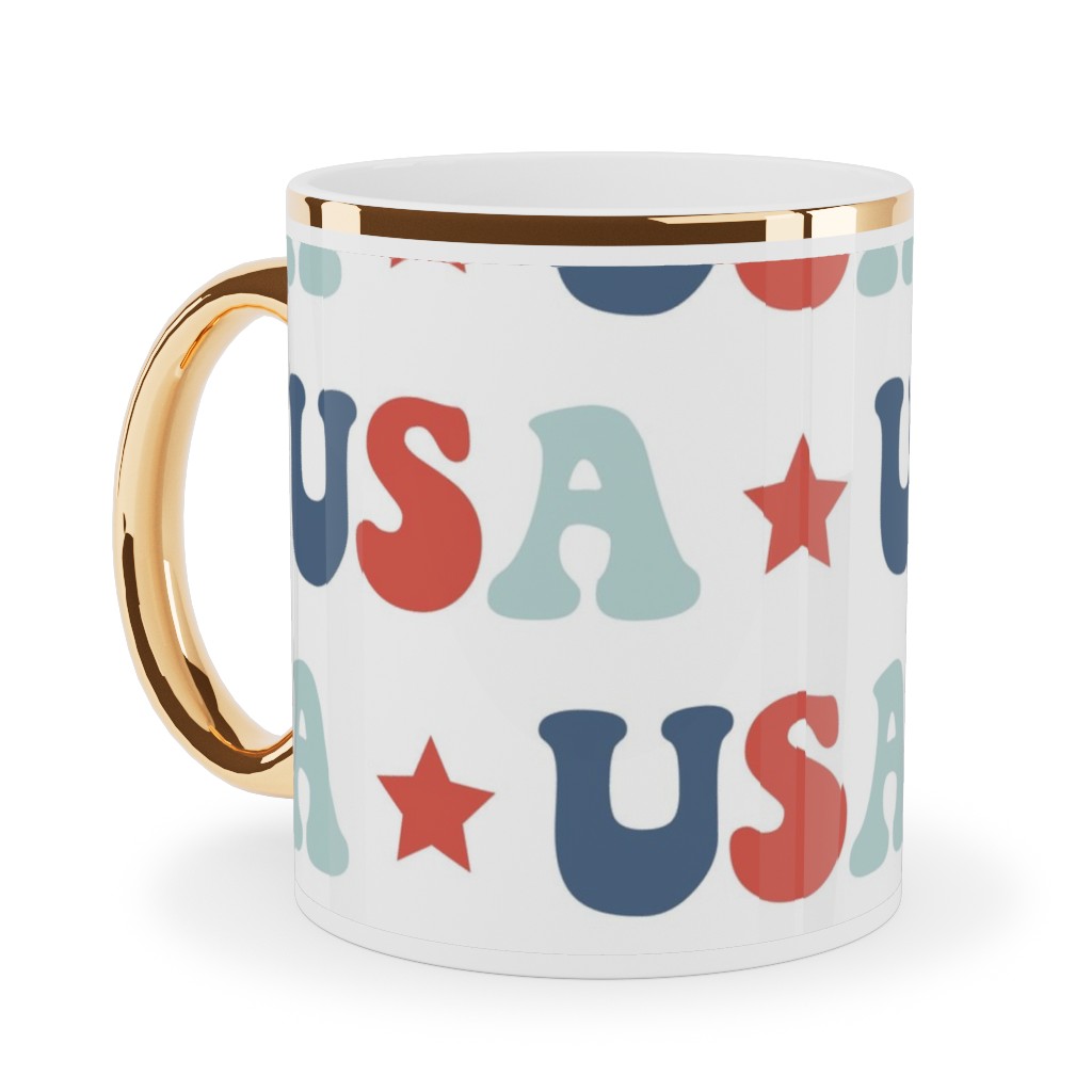 Usa Groovy Vintage - White Ceramic Mug, Gold Handle, , 11oz, Multicolor