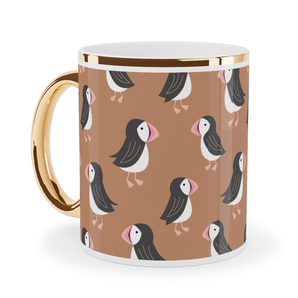 Little Puffin Friends Ceramic Mug, Gold Handle, , 11oz, Brown, Hazelnut