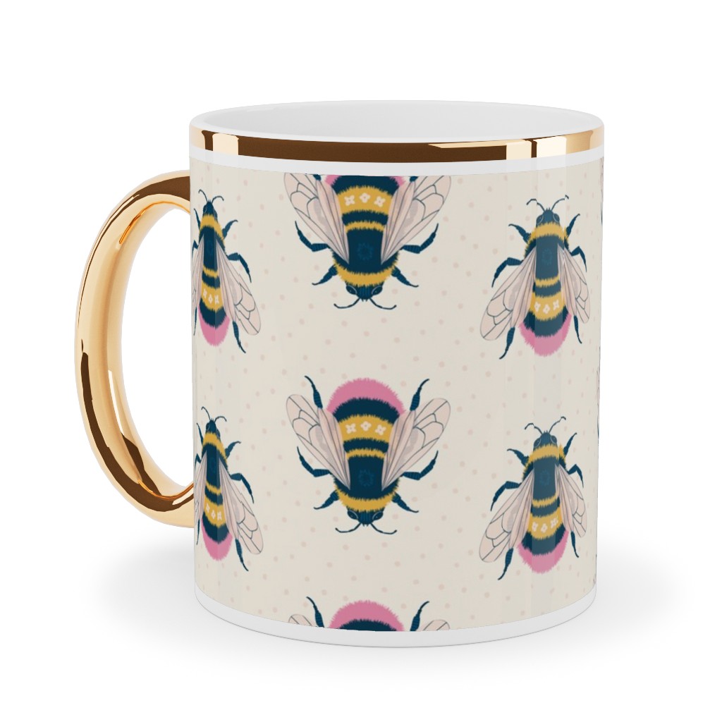 Bumblebee - Pink on Cream Ceramic Mug, Gold Handle,  , 11oz, Beige