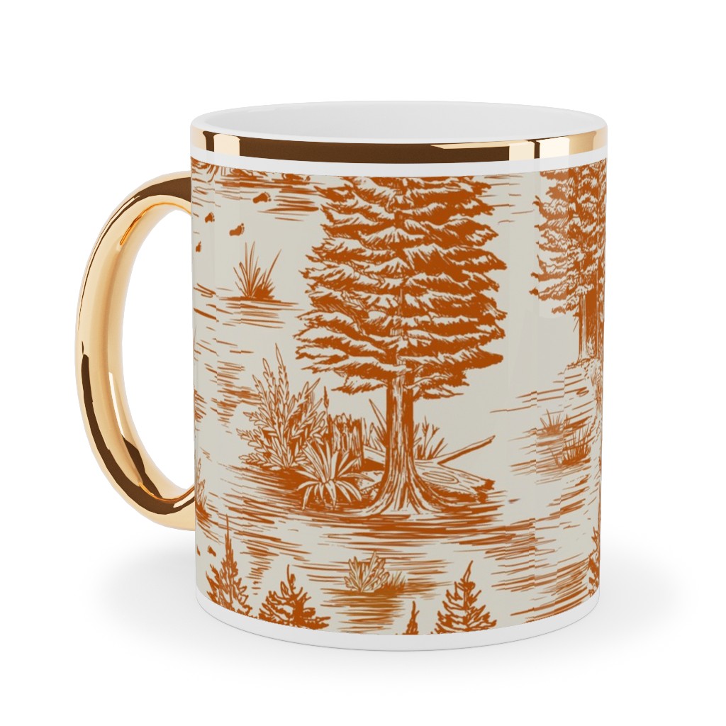 Bigfoot Sasquatch Toile De Jouy Ceramic Mug, Gold Handle, , 11oz, Orange, Persimmon