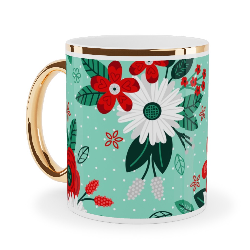 Holiday Floral Bouquet Ceramic Mug, Gold Handle,  , 11oz, Green