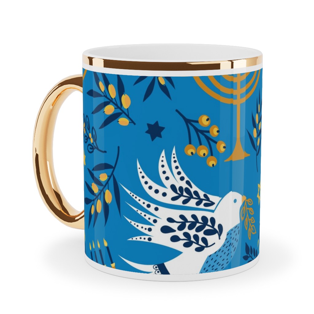 Hanukkah Birds Menorahs - Light Blue Ceramic Mug, Gold Handle,  , 11oz, Blue