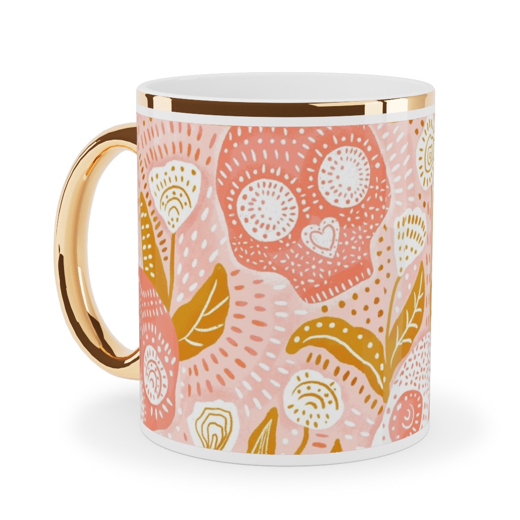 Pastel Halloween Skulls - Pink Ceramic Mug, Gold Handle, , 11oz, Pink, Bright Pink