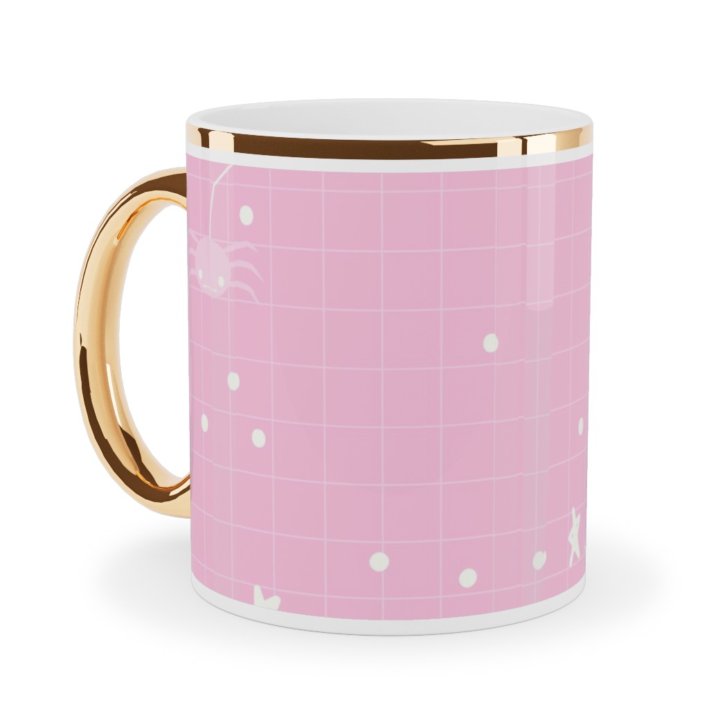 Pastel Halloween Web and Spider - Pink Ceramic Mug, Gold Handle, , 11oz, Pink, Bright Pink