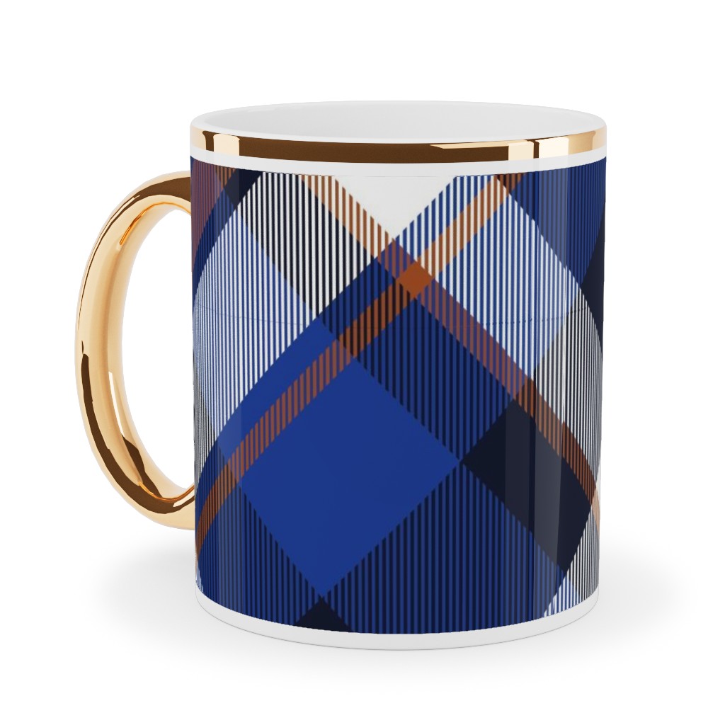 Cora's Plaid - Blue Ceramic Mug, Gold Handle, , 11oz, Blue, True Blue