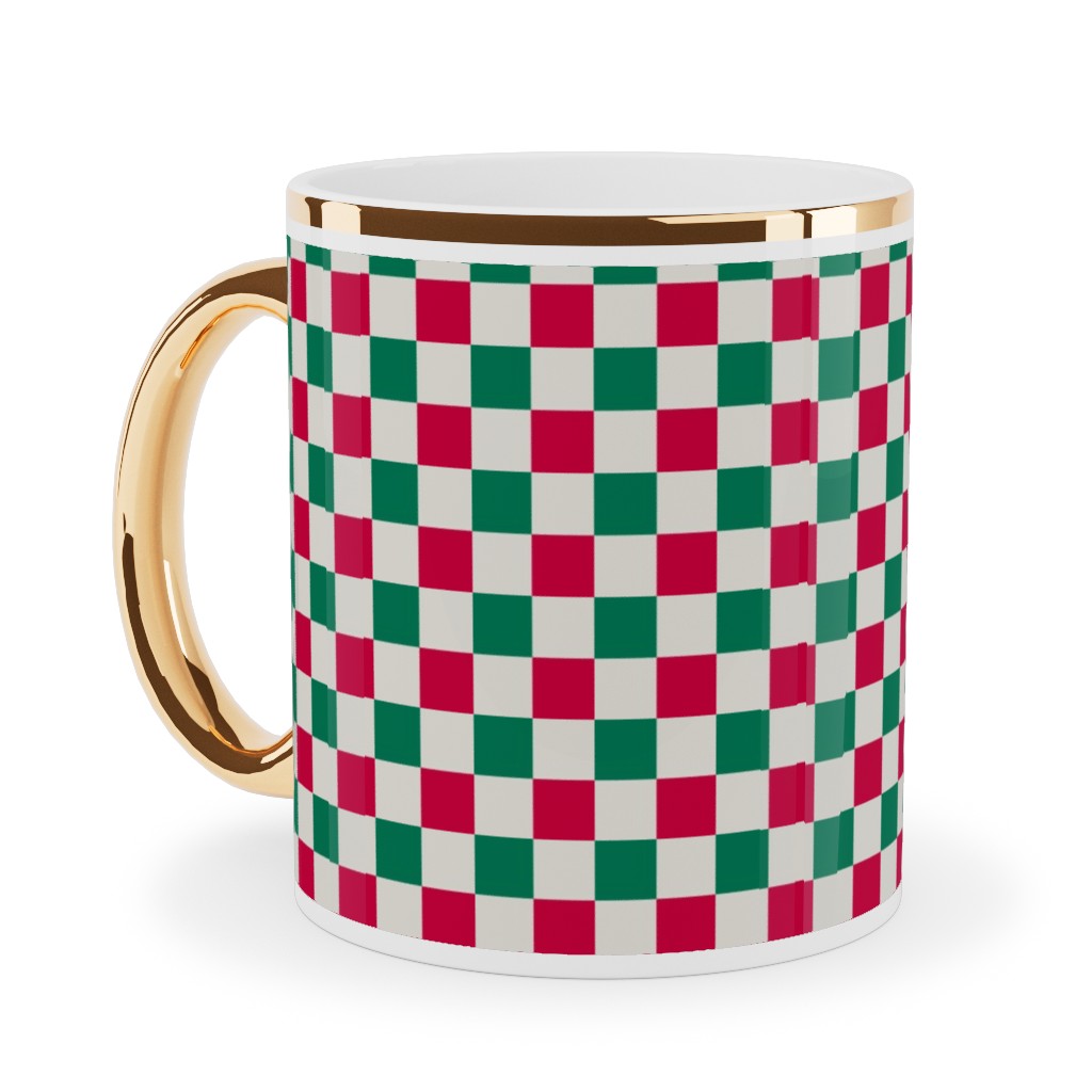 Winter Gingham - Red and Green Ceramic Mug, Gold Handle, , 11oz, Multicolor
